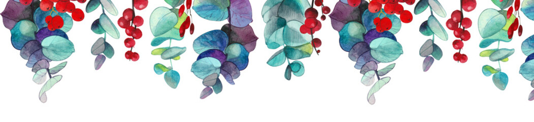 New Year, Christmas floral banner of eucalyptus branches and holly berries.