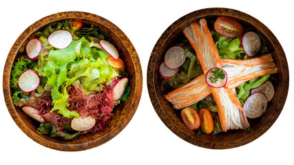 Veggie salad and surimi salad (Crab stick) top view, isolated on white background.