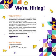 Recruitment advertising template. Colorful geometric background. Job vacancy poster geometrical shapes. Flyer promotion modern decorative patterns square.