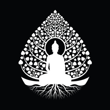white Buddha Meditation under bodhi tree with leafs and root sign, abstract drop water shape style on black background vector design
