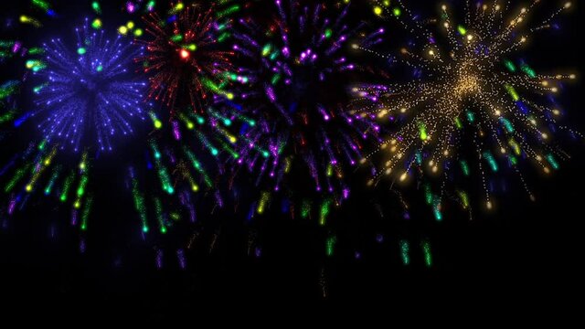This stock motion graphics shows festive fireworks, colorful flashes in the sky. The alpha channel. This background will become a decoration for your projects.