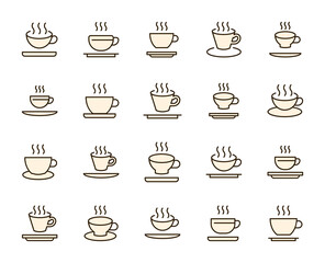 Fototapeta premium Cup of tea or coffee set line icons in flat design with elements for web site design and mobile apps. Collection modern infographic logo and symbol. Holidays vector line pictogram