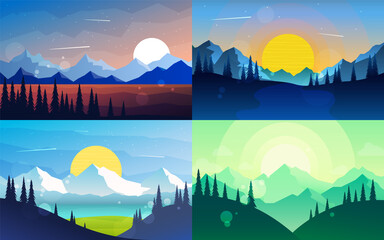 Discovering, exploring, adventure. Night, Day, Sunset. Polygonal mountains landscape. Set of Flat illustrations. Minimalist polygonal style graphic design for flyers, banner, background, coupon
