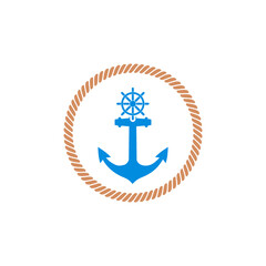 Nautical logo. Anchor and ship steering wheel icon isolated on white background