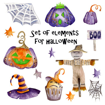 Watercolor set of elements for Halloween. Purple, orange pumpkins, Scarecrow, cobweb, hat.  Design for gifts, cards, toppers, wrapping paper and more