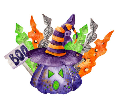 Watercolor pumpkin for halloween purple in a hat with orange and green branches. Design for postcards, seeker and more