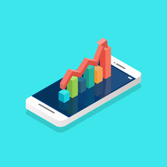 Red arrow growth with bar chart on the smartphone screen isometric