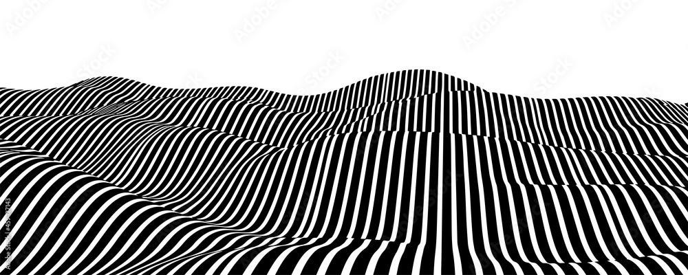 Poster optical illusion curve wave. abstract vector background with black and white lines. pattern distorte