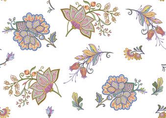 Seamless pattern with stylized ornamental flowers in retro, vintage style. Jacobin embroidery. Colored vector illustration isolated on white background. © Elen  Lane