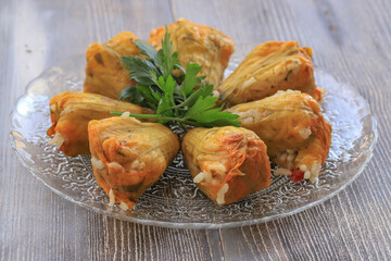 Traditional delicious Turkish - Greek cuisine, Turkish food; Stuffed zucchini flowers (Turkish name; kabak cicegi dolmasi)