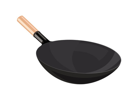 Isolated empty round shape pan made by steel and the hand holding made by wood. Asian style black pan. Cooking stuff on white background vector illustration.