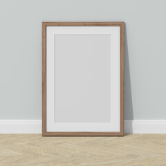 One wooden frames on wooden floor with a white wall. Empty interior. 3D render vertical wooden frame mock up. Oak parquet. 3D illustrations. 3D design interior. Passe partout frame.