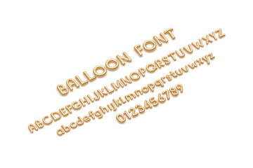 Inflated gold foil balloon font with alphabet and numbers, isolated