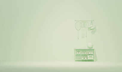 Sport equipment with pastel background. Minimal concept with copy space. Abstract scene object on green background. Light background with copy space. 3D render for social media, health lifestyle
