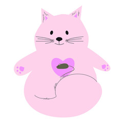 Funny fat pink cat. With a gray mouse and a pink heart.