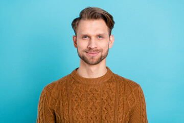 Photo of attractive young happy man smile good mood cheerful isolated on pastel blue color...