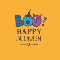 Halloween card with cute cartoon monsters. Holiday poster with spooky characters. Vector contour doodle letters.