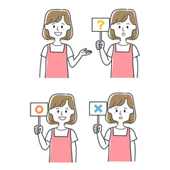 いろんな札を持っているエプロンを着ている主婦のセット