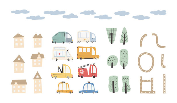 Child's city cars set with cute houses and trees. Funny transport. Cartoon vector illustration in simple childish hand-drawn Scandinavian style for kids. The fire engine, ambulance, police, bus.