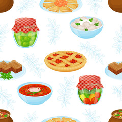 Seamless pattern from russian traditional meals. Vector illustration. Cartoon style.