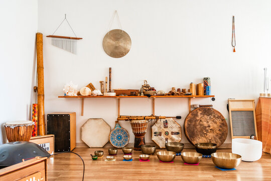 Collection of percussion instruments in studio