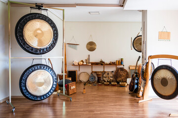 Collection of musical and percussion instruments in studio