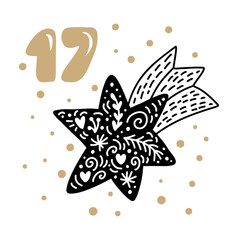 Christmas Advent calendar with cute scandinavian hand drawn vector. Winter Illustration of nordic star. Twenty-four days before holiday. Ethno seventeenth Day