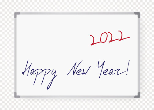 Happy New Year 2022 marker pen drawing, new year numbers on school classroom board, note board, noticeboard text for new year banner poster billboard, calendar cover, christmas event greeting card