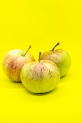 three ripe juicy apples on a yellow background