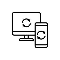 Sync between devices, computer and smartphone. Data transfer. Thin line icon. Modern vector illustration.