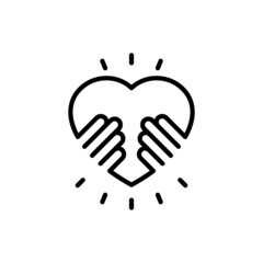 Give love thin line icon. Hands holding heart. Symbol of child adoption, support and charity. Logo for donation community. Modern vector illustration.