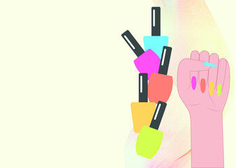 vector of nail polish and hands with painted nails. flat banner image with multicolored bottles of nail polish.