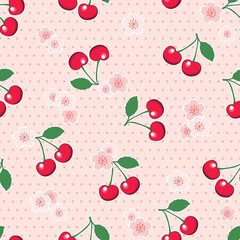 Seamless cherries and blossoms on a pink polka dot background. EPS10 vector format