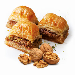 Turkish baklava cake with walnut filling and a picture of natural walnuts