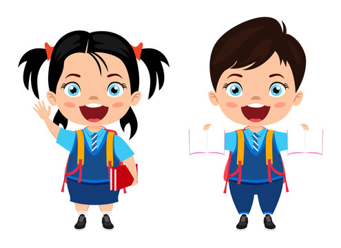 Happy kid boy and girl student character wearing uniform standing and waving with books pen isolated