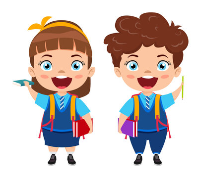 Happy cute kid boy and girl student character wearing uniform standing and waving with books pen