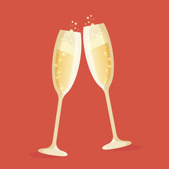 Glasses of champagne on bright red background with bokeh effect. Holidays content.