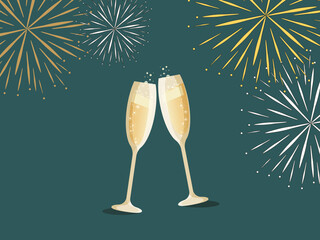 Happy new year greeting card two champagne glasses and fireworks on a dark background. Holidays content © Jane_S
