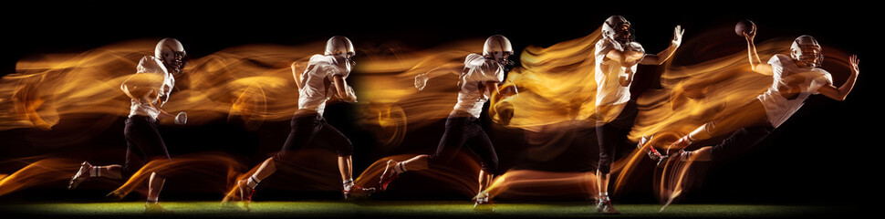 Fototapeta na wymiar Development of motions. Young man, american football player in action isolated over dark background in neon mixed colored light. Collage. Concept of sport, competition