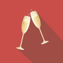 Two christmas glasses of champagne on a red background. Icon in the flat style. Holidays content.