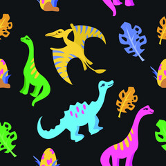 Childish seamless pattern with dinosaur and tropical leaves on a black background. Cute dino design.
Perfect fit for nursery clothes, fabric,  wrapping paper, wallpaper, textile design.