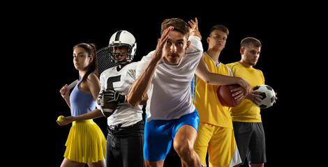 Sport art collage. Tennis, volleyball, basketball, soccer and american football players posing like...