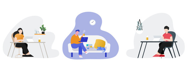 Set of people working online from home office.vector design.