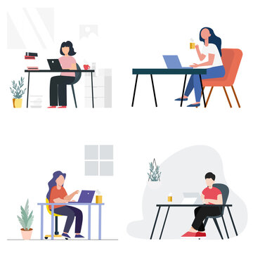 Set of people working online from home office.vector design.