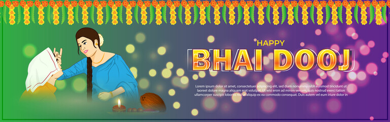 Vector illustration of brother and sister celebrating bhai dooj, Bhai Tika, Indian Hindu festival, coconut, diya and sweets in pooja thali, vector banner on beautiful bokeh background.