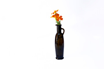Orange flower in a nice bottle vase isolated on white