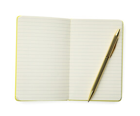 Stylish open notebook with blank sheets and pen isolated on white, top view