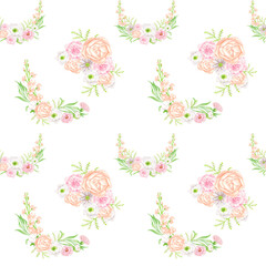 Watercolor floral seamless pattern. Hand drawn elegant bouquets isolated on white. Blush flowers and greenery repeated background. Botanical print for wallpaper, wrapping, scrapbook, fabrics, fashion