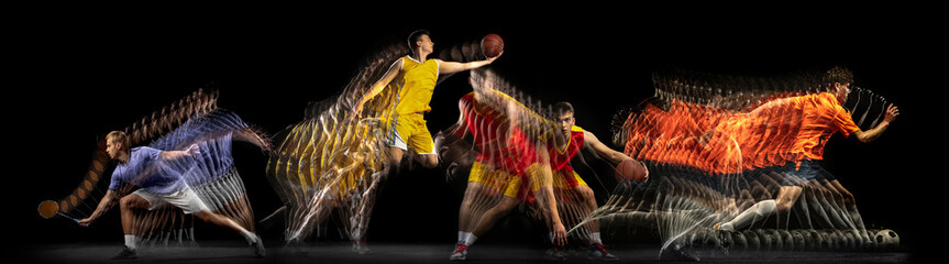 Collage of images of professional basketball and tennis player in motion isolated on dark...