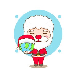 Cute Santa Claus and the earth wearing santa hat Chibi character illustration